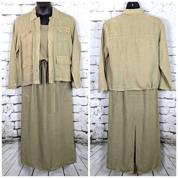 VINTAGE CAROLE LITTLE SPORT Safari Cargo 100% Linen Maxi Dress & Jacket USA M/L - Picture 1 of 9